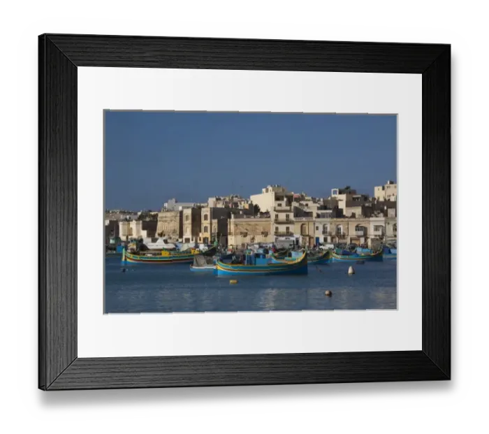 Framed Print : Malta, Southeast, Marsaxlokk, harbor and traditional Luzzu fishing boats