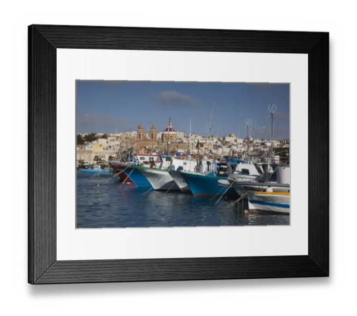 Framed Print : Malta, Southeast, Marsaxlokk, harbor and traditional Luzzu fishing boats