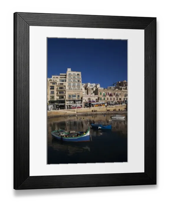 Framed Print : Malta, Valletta, St. Julians, cafes on Spinola Bay, morning Framed Print : Malta, Valletta, St. Julians, cafes on Spinola Bay, morning
