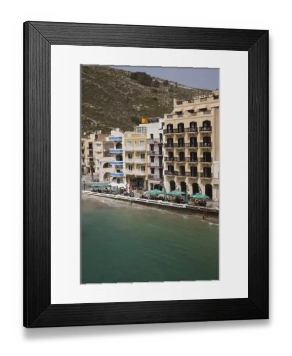 Framed Print : Malta, Gozo Island, Xlendi, cafes and hotels on Xlendi Bay
