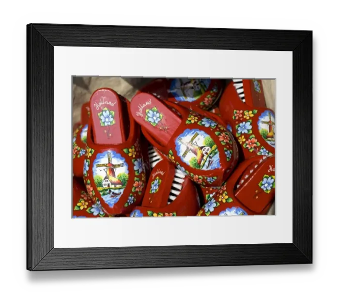 Framed Print : Netherlands (aka Holland), Lisse. Keukenhof Gardens. Red painted souvenir wooden shoes Framed Print : Netherlands (aka Holland), Lisse. Keukenhof Gardens. Red painted souvenir wooden shoes