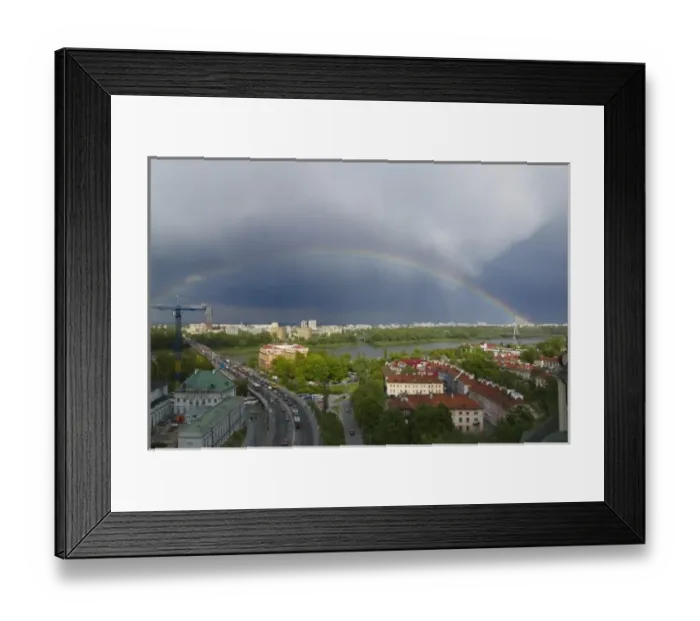 Framed Print : Rainbow over bridge and old town cityscape, Warsaw, Poland