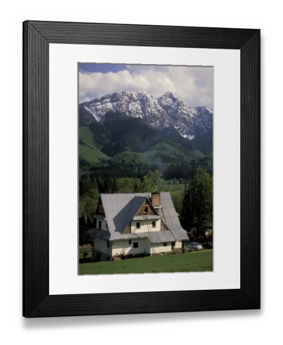 Framed Print : Poland, Carpathian Mountains, Zakopane. View of chalet and Tatra Mountains Framed Print : Poland, Carpathian Mountains, Zakopane. View of chalet and Tatra Mountains