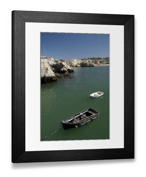 Framed Print : Europe, Portugal. Seaside city of Cascais, coastal view with rowboat Framed Print : Europe, Portugal. Seaside city of Cascais, coastal view with rowboat