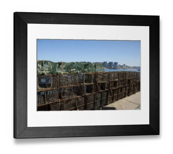 Framed Print : Europe, Portugal. Seaside city of Cascais, coastal view from pier with fish traps