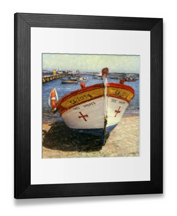 Framed Print : Europe, Portugal, Sangres. Colorful boat in harbor. Polaroid SX70 Manipulation