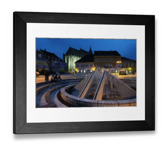 Framed Print : Europe, Romania, Brasov, The night view of fountain on the Sfatului square with