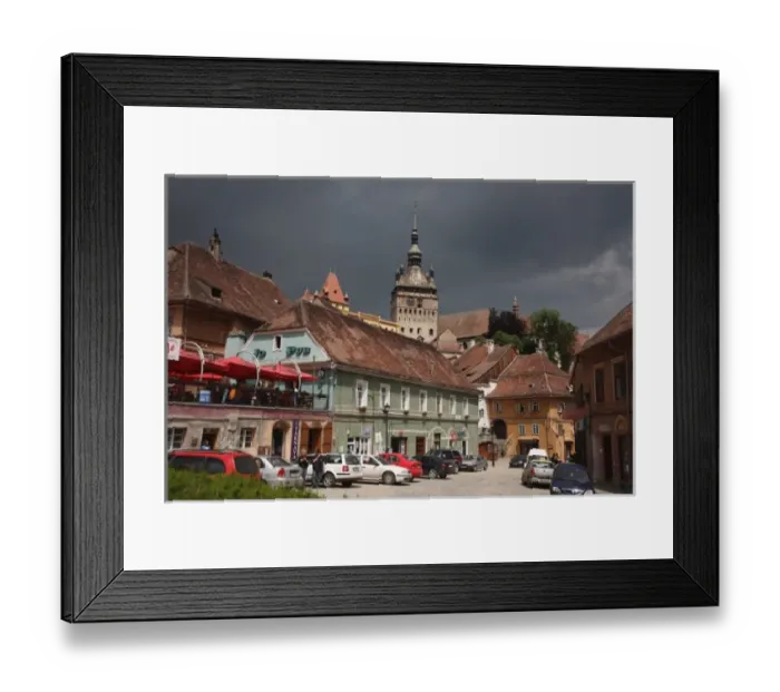 Framed Print : Europe, Romania, Sighisoara, Lower Town street around medieval citadel with the Clock