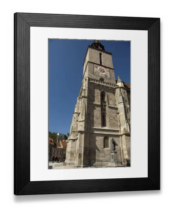 Framed Print : Romania, Transylvania, Brasov. The Gothic Black Church, historic bell & clock tower