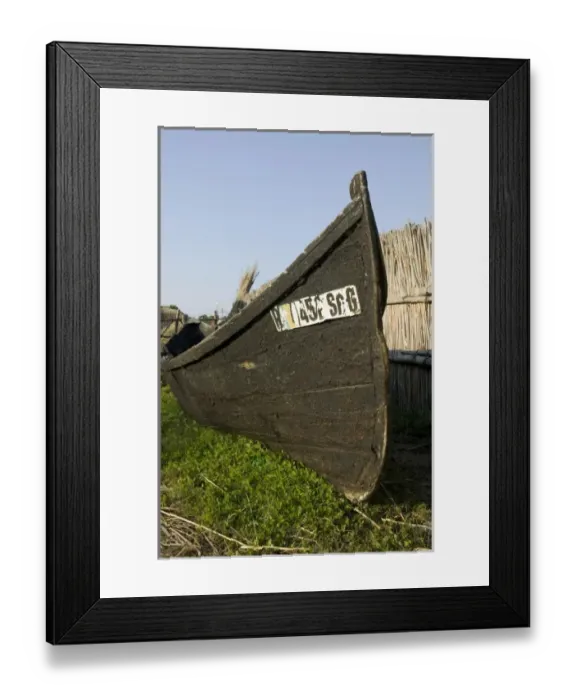 Framed Print : Traditional tared hull wood boat in boat on land, St George Romania, Danube Delta Framed Print : Traditional tared hull wood boat in boat on land, St George Romania, Danube Delta