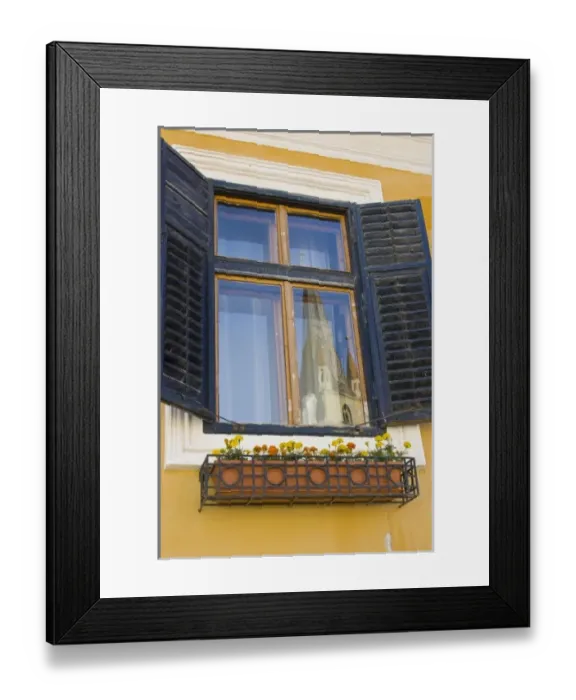 Framed Print : The Cathedral Tower of the Evangelical Church reflecting in a window, Sibiu, Romania Framed Print : The Cathedral Tower of the Evangelical Church reflecting in a window, Sibiu, Romania