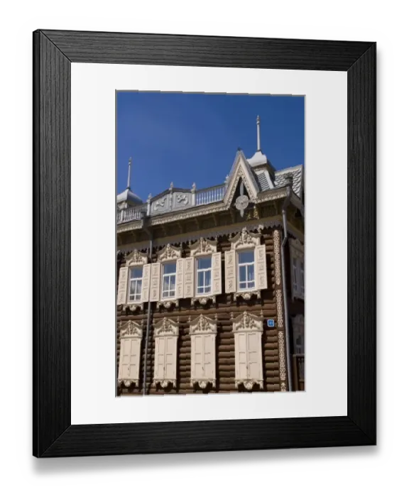 Framed Print : Ornate style of a wooden house in Irkutsk in Siberia Russia Framed Print : Ornate style of a wooden house in Irkutsk in Siberia Russia