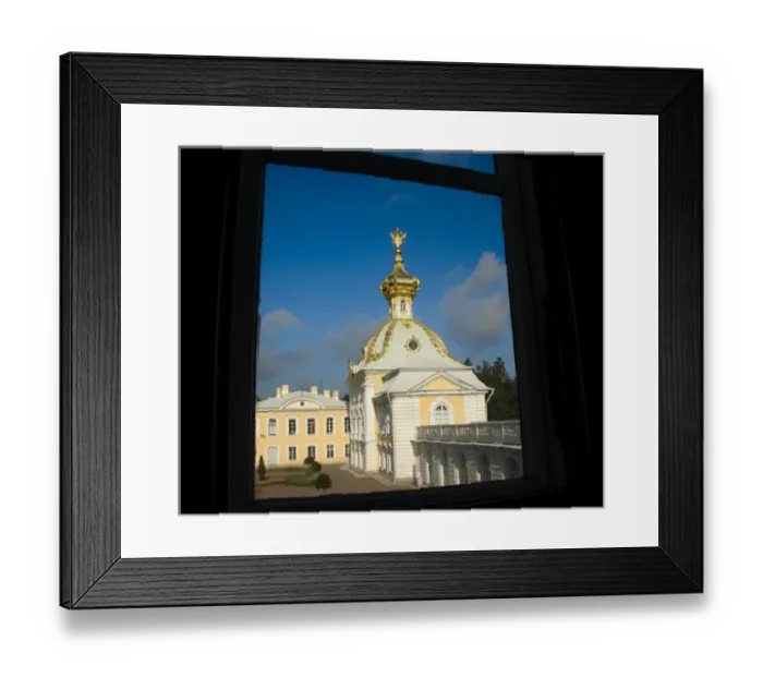 Framed Print : Russia, St. Petersburg. View through window of Peterhof, royal palace founded by Framed Print : Russia, St. Petersburg. View through window of Peterhof, royal palace founded by