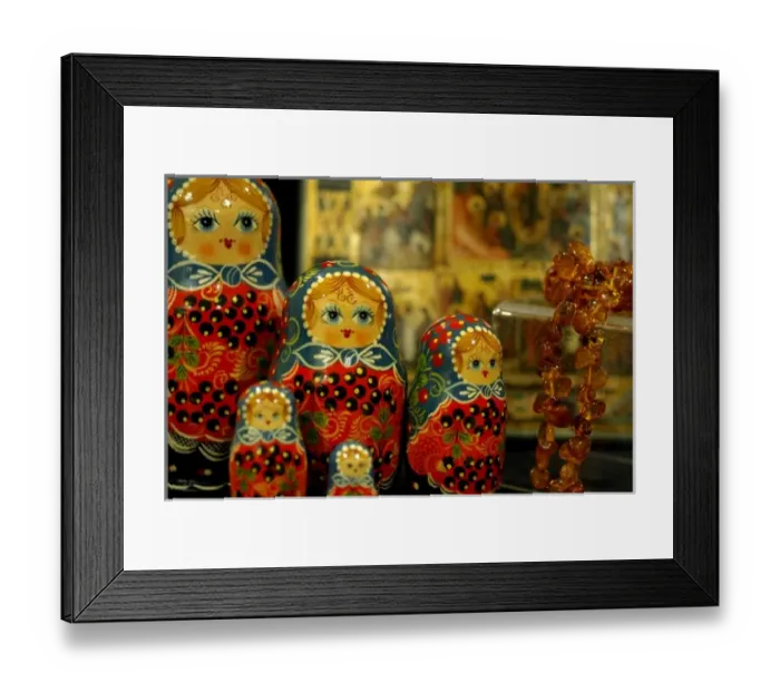 Framed Print : Asia, Russia. Typical Russian handicrafts. Traditional Matrushka (nesting) dolls & amber necklace Framed Print : Asia, Russia. Typical Russian handicrafts. Traditional Matrushka (nesting) dolls & amber necklace