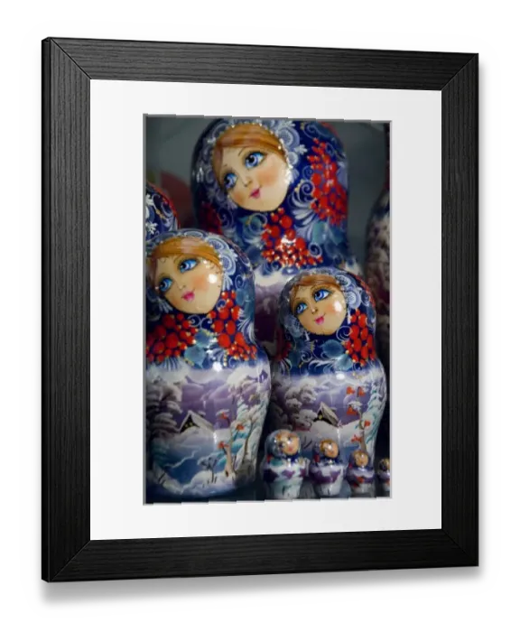 Framed Print : Russia, Volga-Baltic Waterway, Goritzy. Russian souvenir matryoshka dolls