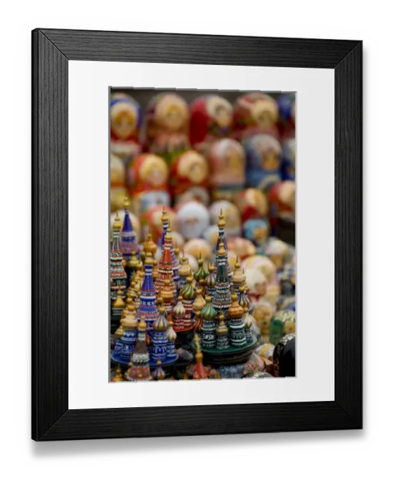 Framed Print : Russia, Moscow. Typical Russian handicrafts, wooden Russian churches & matryoshka dolls