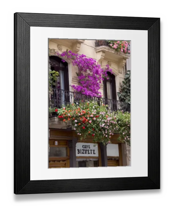 Framed Print : Spain, Bilbao. Flower covered balcony of Cafe Bizvete