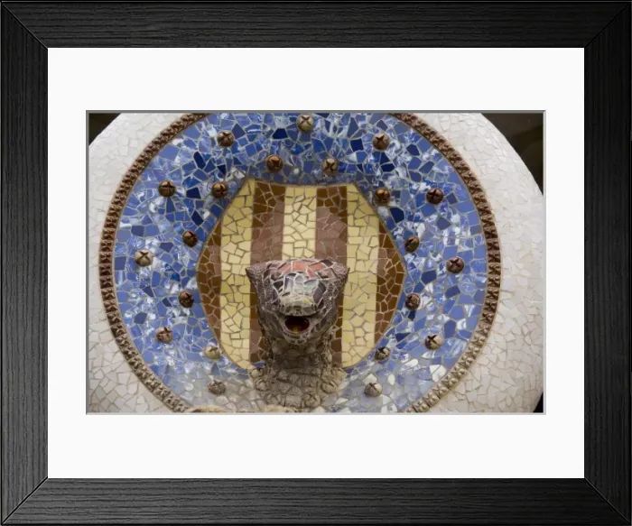 Framed Print : Spain, Catalonia, Barcelona. Gaudis Parc Guell. Dragon head fountain using fragmented pottery Framed Print : Spain, Catalonia, Barcelona. Gaudis Parc Guell. Dragon head fountain using fragmented pottery
