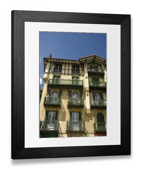 Framed Print : Spain, Guipuzcoa coast, Hondarribia (aka Fuenterrabia). Typical colorful homes