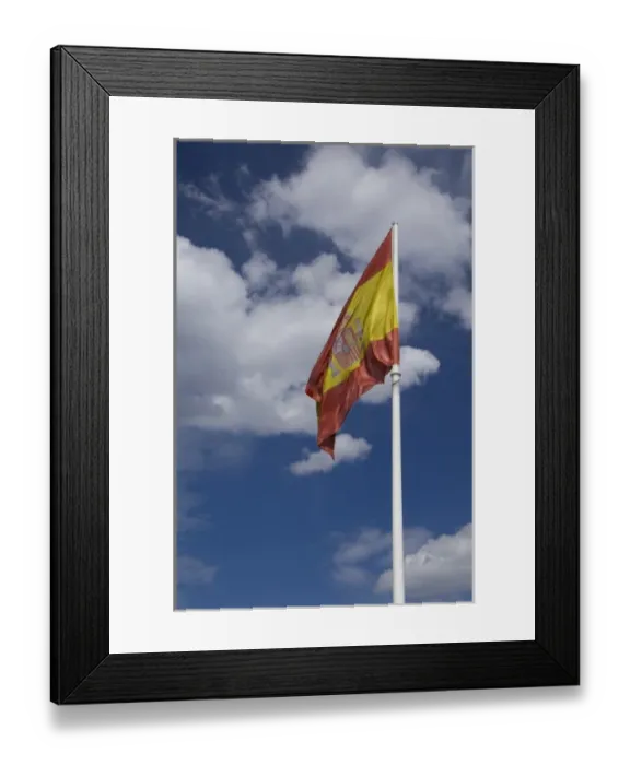 Framed Print : Spain, Madrid. Columbus Square, Spains flag