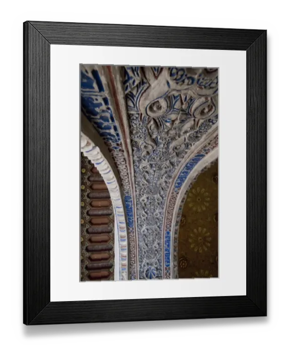 Framed Print : Spain, Seville. Alcazar (aka Reales Alcazares), Moorish / Mudejar palace. Ornate carved Framed Print : Spain, Seville. Alcazar (aka Reales Alcazares), Moorish / Mudejar palace. Ornate carved