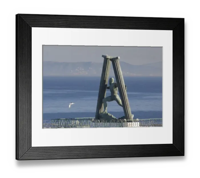 Framed Print : North Africa, Spanish Morocco, Ceuta. Pillars of Hercules sculpture overlooking