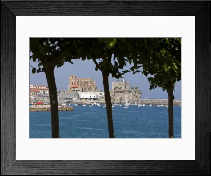 Framed Print : Church of Santa Maria and castle lighthouse in the harbor at Castro Urdiales, Cantabria