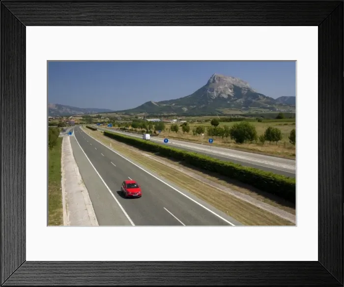 Framed Print : Car traveling along the A-10 Autopista near the town of Etxarri-Aranatz, Navarre, northern Spain