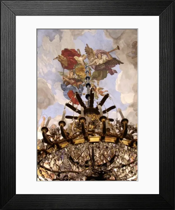 Framed Print : Europe, Spain, Madrid. Chandelier and fresco fo Palacio Real