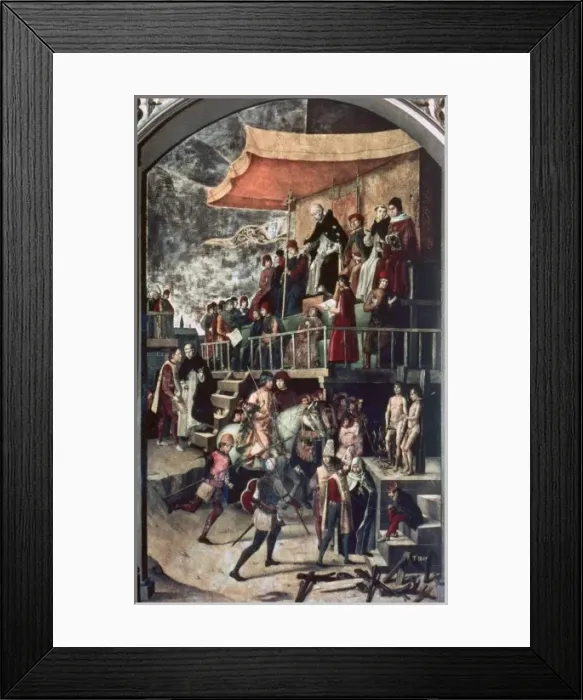 Framed Print : Auto de Fe chaired by St. Dominic de Guzman (1170-1221). Oil on canvas depicted in