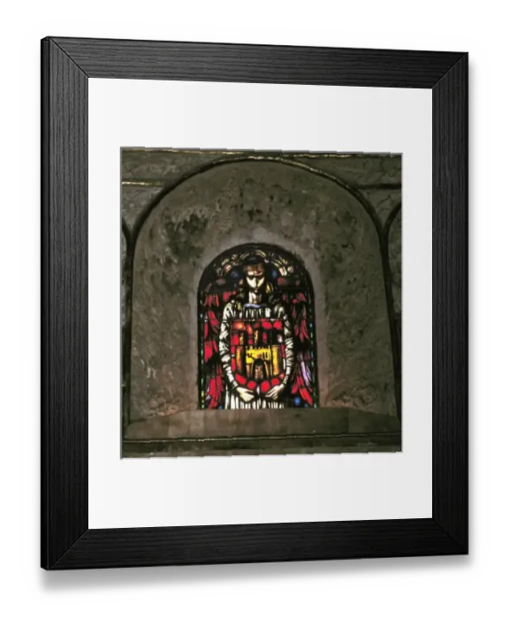 Framed Print : Europe, Spain, Segovia. A colorful stained-glass window is framed by stonework Framed Print : Europe, Spain, Segovia. A colorful stained-glass window is framed by stonework