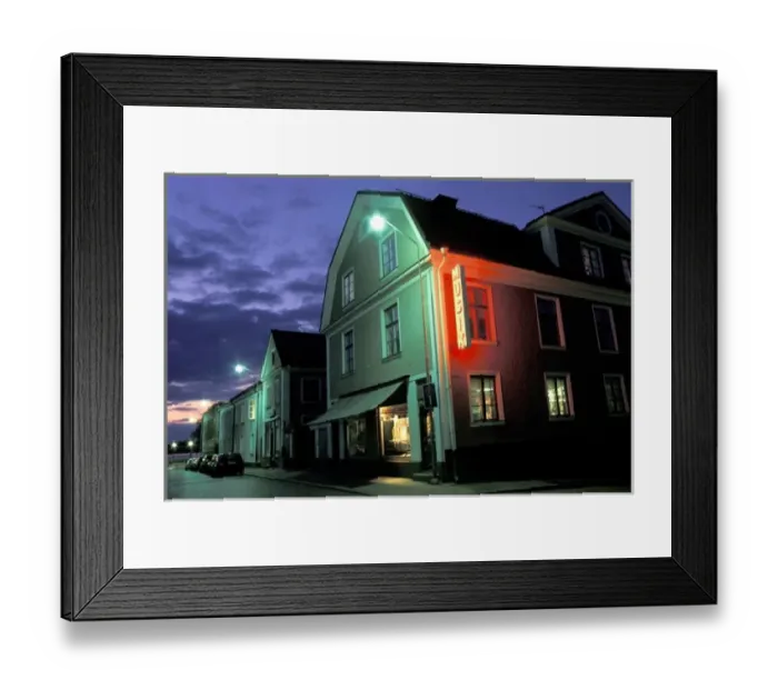 Framed Print : Sweden, Vastervik. Neon Musik store sign