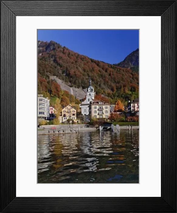 Framed Print : Hotels in autumn along shore of Lake Lucerne from sightseeing boat, Lake Lucerne
