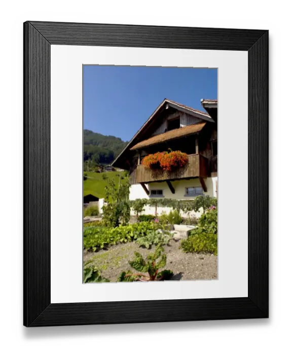 Framed Print : Beautiful Swiss chalets with flowers near Interlaken, Switzerland