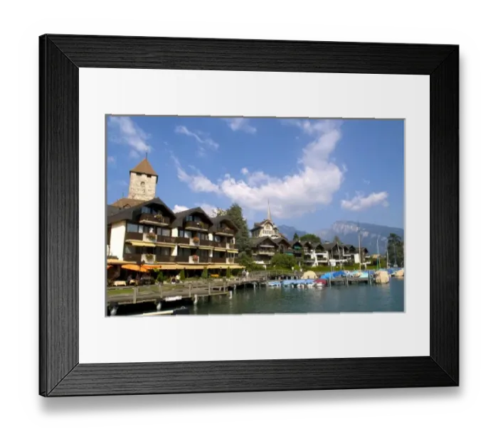 Framed Print : Beautiful village of Spiez on Lake Thun in Swiss Alps near Interlaken with church steeple Framed Print : Beautiful village of Spiez on Lake Thun in Swiss Alps near Interlaken with church steeple