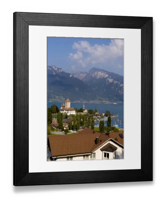 Framed Print : Beautiful village of Spiez on Lake Thun in Swiss Alps near Interlaken with church steeple