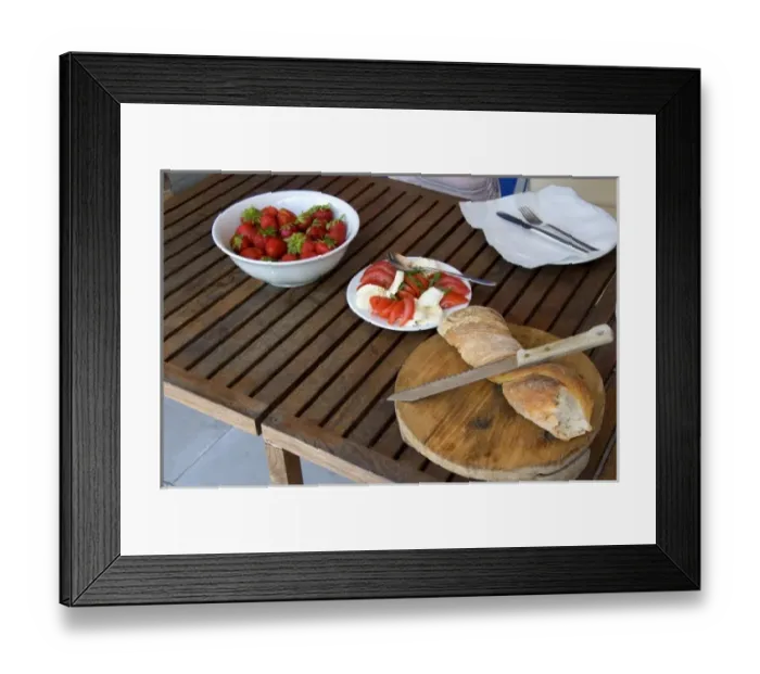 Framed Print : Light lunch of strawberries, tomato, cheese, and bread in Switzerland Framed Print : Light lunch of strawberries, tomato, cheese, and bread in Switzerland