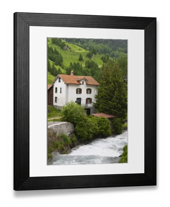 Framed Print : Mulegns, Switzerland. Stream and house in Mulegns Framed Print : Mulegns, Switzerland. Stream and house in Mulegns