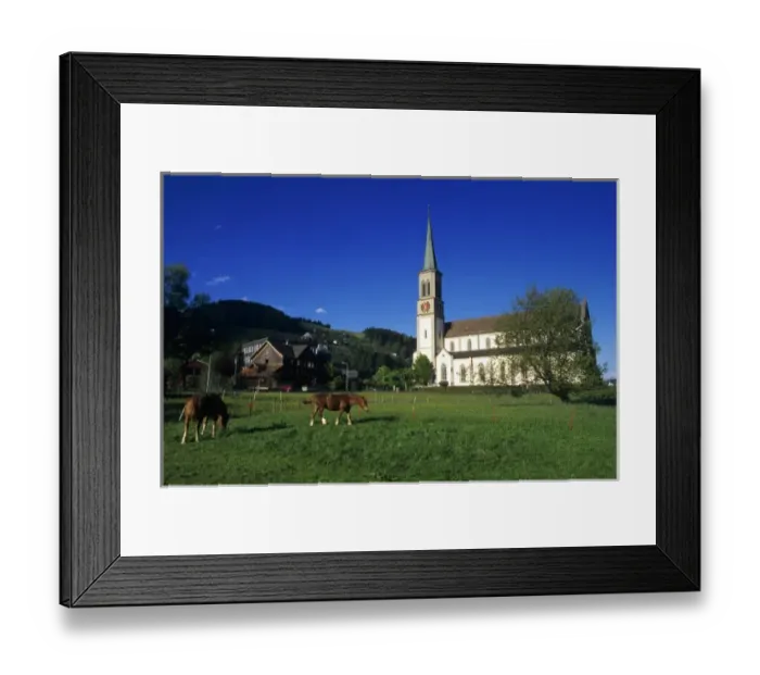 Framed Print : Catholic Church and horses, Unteraegeri, Switzerland