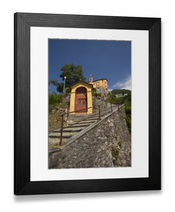 Framed Print : Switzerland, Ticino Canton, Locarno. Madonna del Sasso church and Via Monti della Trinita steps