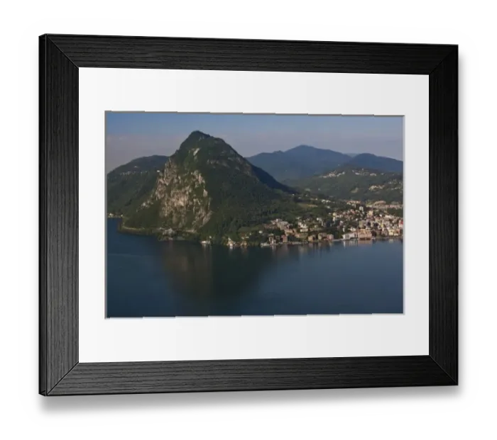 Framed Print : Switzerland, Ticino Canton, Lugano. High angle view of lakefront and Monte San Salvador