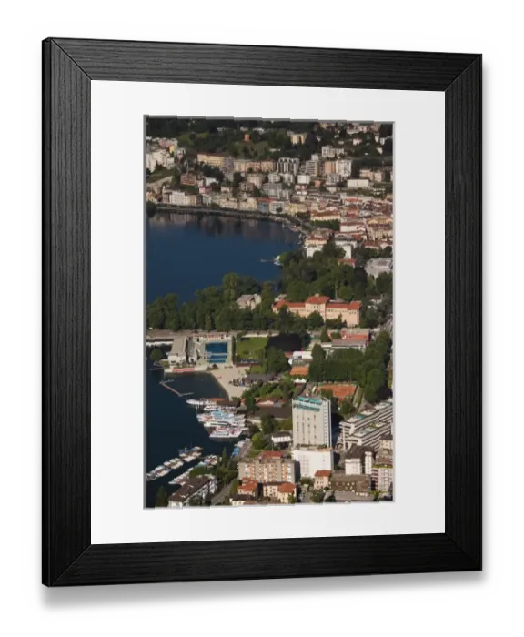 Framed Print : Switzerland, Ticino Canton, Lugano. High angle town view from Monte Bre, morning