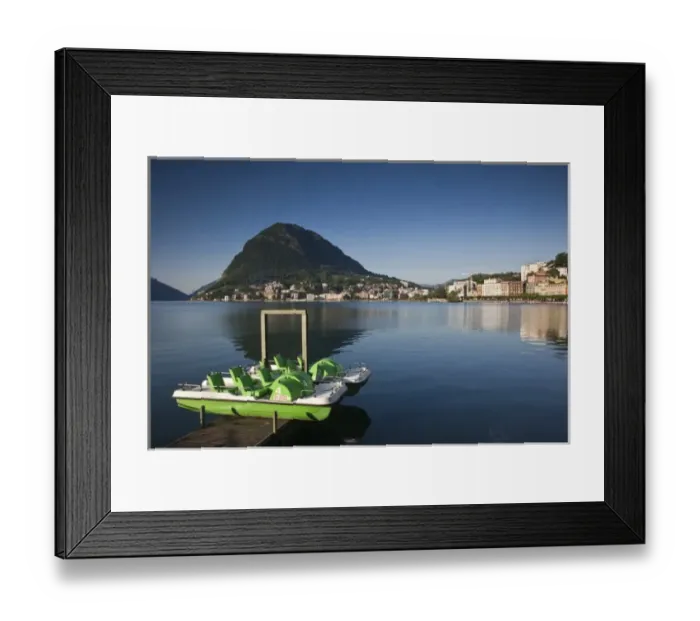 Framed Print : SWITZERLAND, Ticino Canton, Lugano. Lakefront paddleboats and Monte San Salvador