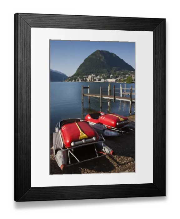 Framed Print : Switzerland, Ticino Canton, Lugano. Lakefront paddleboats and Monte San Salvador