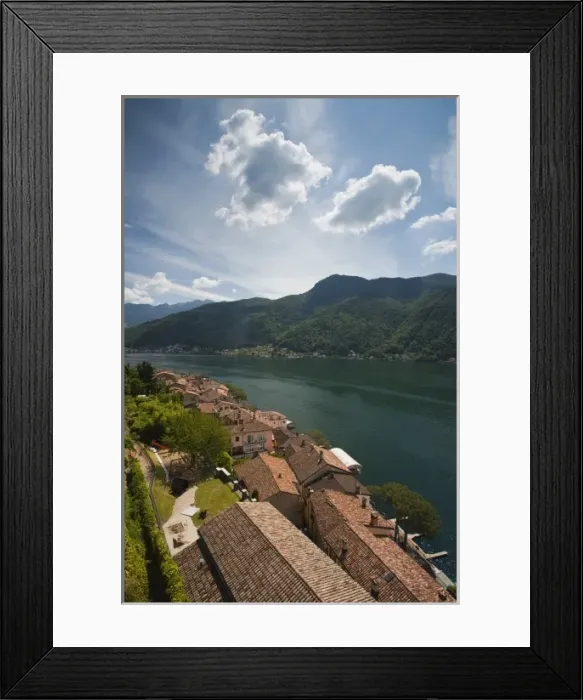 Framed Print : Switzerland, Ticino Canton, Morcote. High angle town view