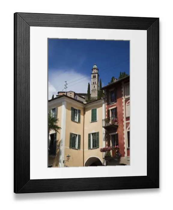 Framed Print : Switzerland, Ticino Canton, Morcote. Lakefront buildings and Chiesa Santa Maria del Sasso church
