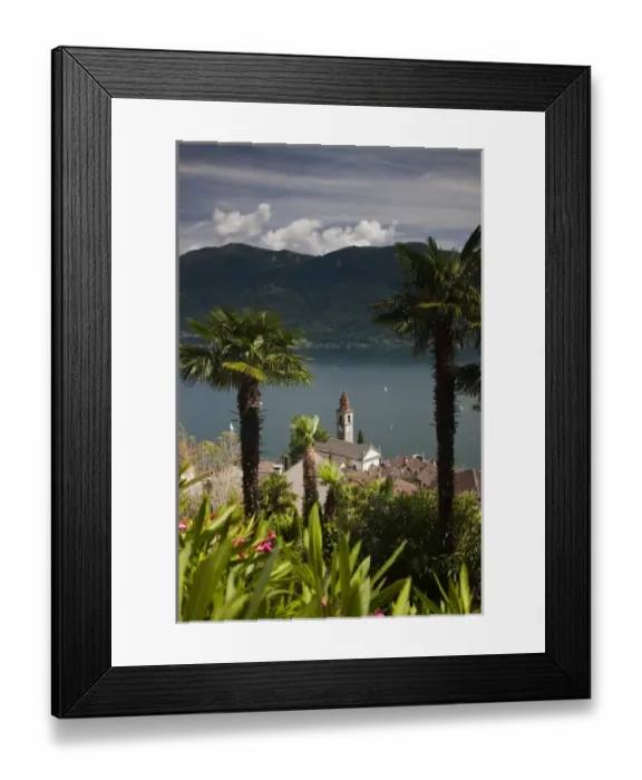 Framed Print : Switzerland, Ticino Canton, Ronco. High angle view of town church and Lake Maggiore Framed Print : Switzerland, Ticino Canton, Ronco. High angle view of town church and Lake Maggiore