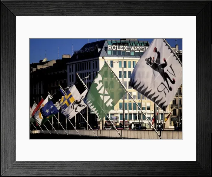 Framed Print : Switzerland, Geneva. Flags on Lac Leman waterfront Framed Print : Switzerland, Geneva. Flags on Lac Leman waterfront