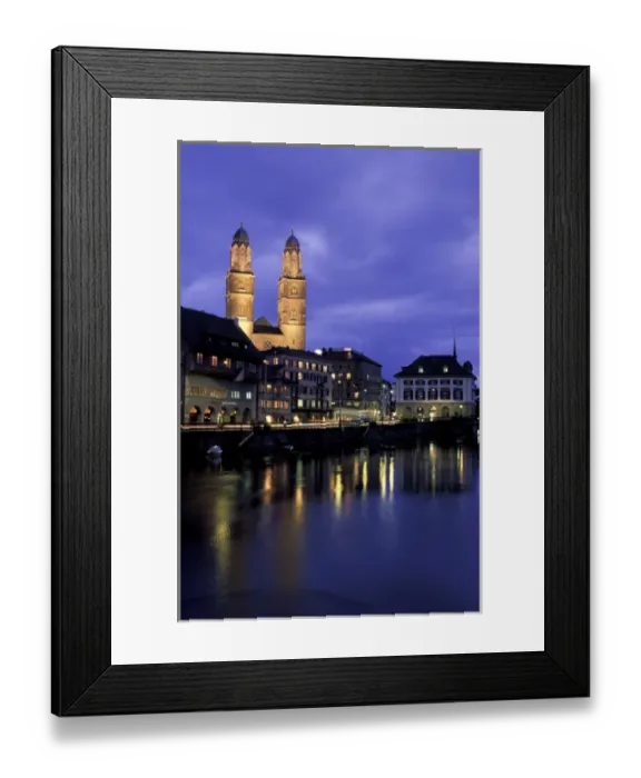 Framed Print : Switzerland, Zurich. Grossmunster Cathedral and Limmat River Framed Print : Switzerland, Zurich. Grossmunster Cathedral and Limmat River
