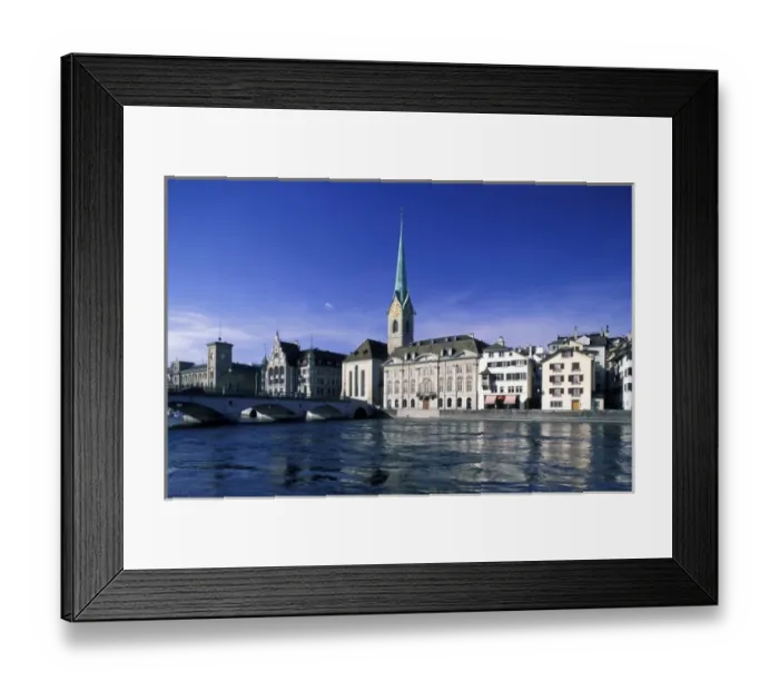 Framed Print : Switzerland, Zurich. View of Fraumunster Church and Limmat River Framed Print : Switzerland, Zurich. View of Fraumunster Church and Limmat River